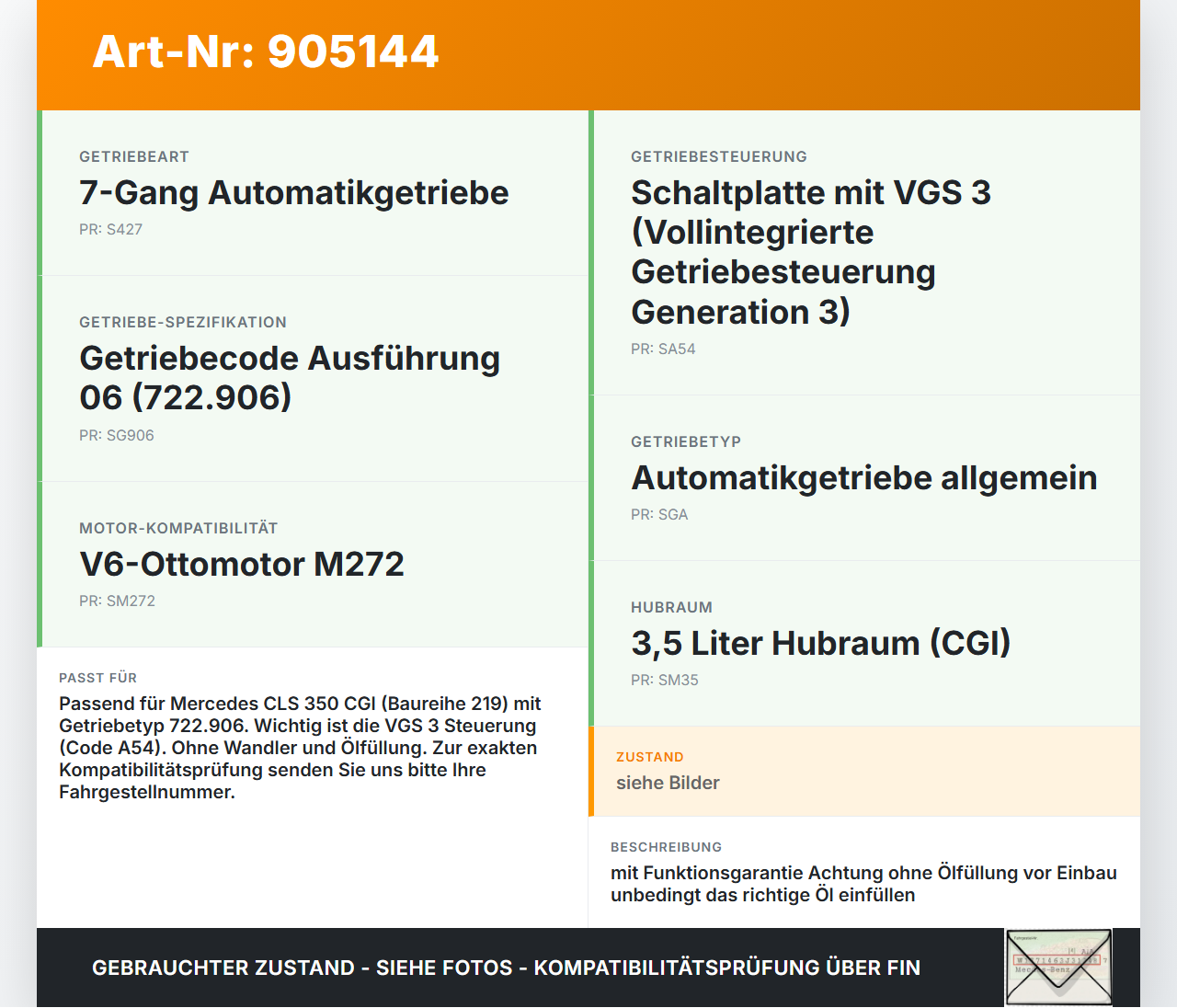 Mercedes C219 CLS 08-10 350 CGI 3,5 215KW 722906 Automatikgetriebe Getriebe ohne Wandler 722906 Mercedes C219 CLS... Vorschau 3