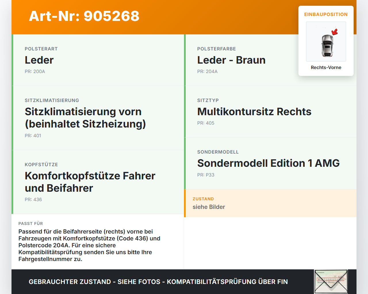 Mercedes C219 CLS 08-10  Leder Kopfstütze für Beifahrer Sitz Rechts Vorne Crash Aktiv LEDER BRAUN 204A Mercedes... Vorschau 3