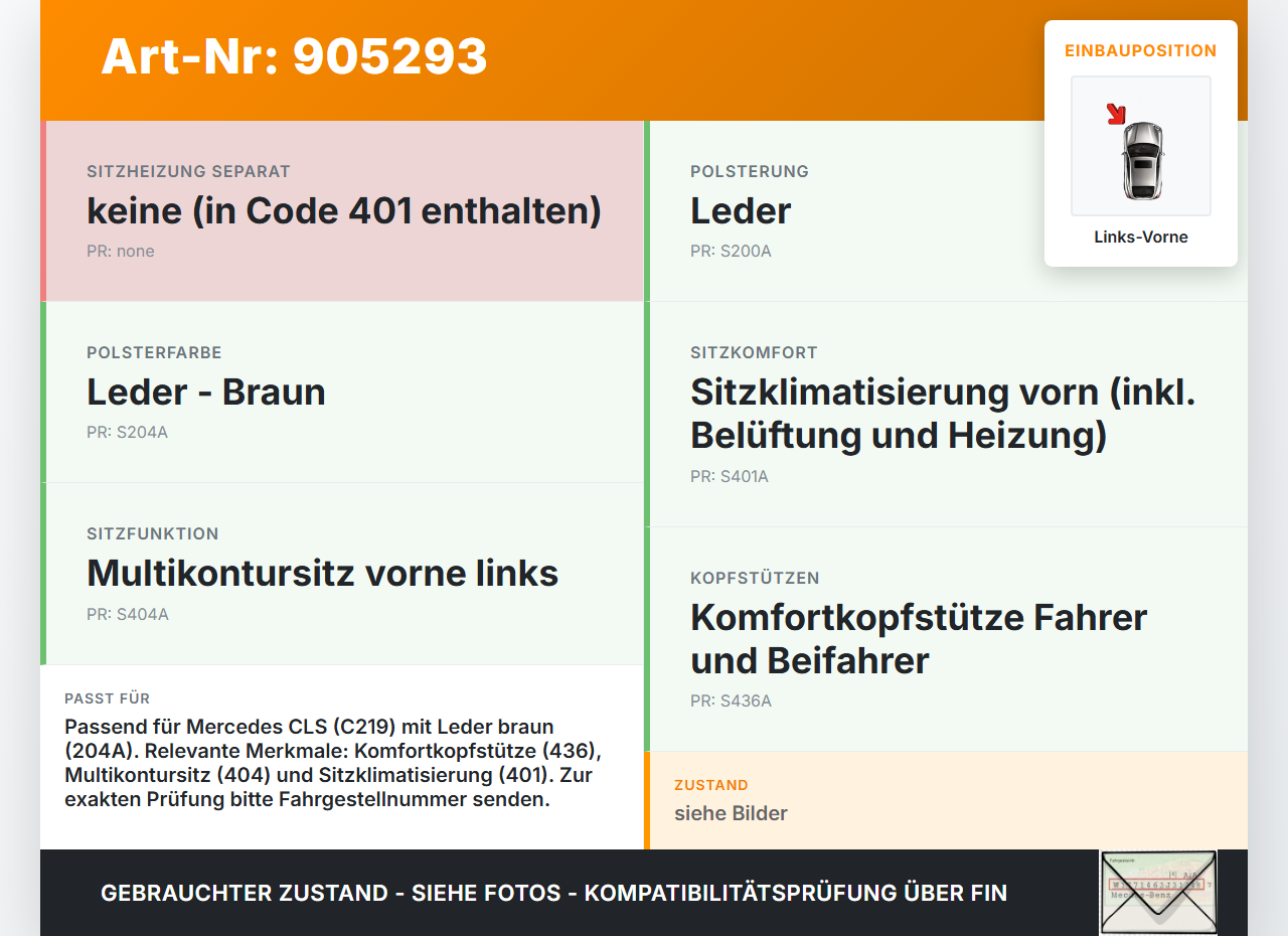 Mercedes C219 CLS 08-10 Leder Kopfstütze für Fahrer Sitz Links Vorne Crash Aktiv LEDER BRAUN 204A Mercedes C219 CLS... Vorschau 3