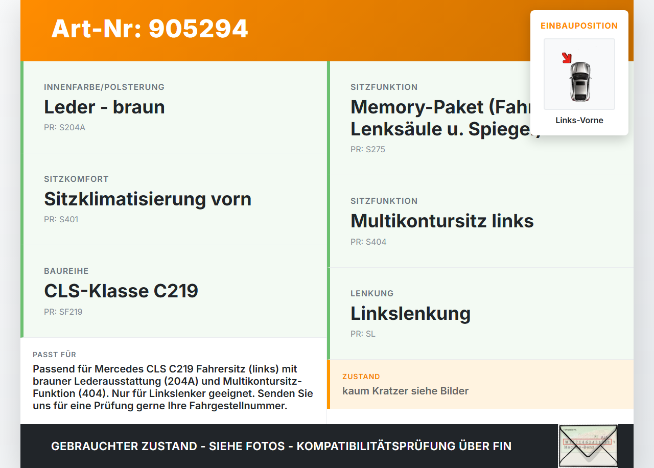 Mercedes C219 CLS 08-10 Blende Aussen Rückenblende für Fahrer Sitz Links Vorne LEDER BRAUN 204A Mercedes C219 CLS... Vorschau 3