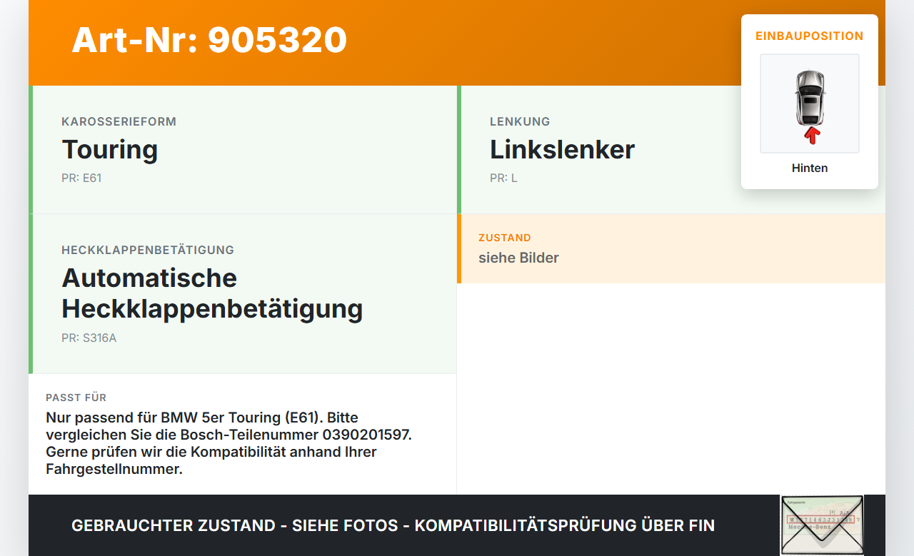 BMW E61 530d 04-07 Kombi Wischermotor mit Wischergestänge Hinten Kpl. BMW E61 530d 04-07 04.10.2004 7208602... Vorschau 3