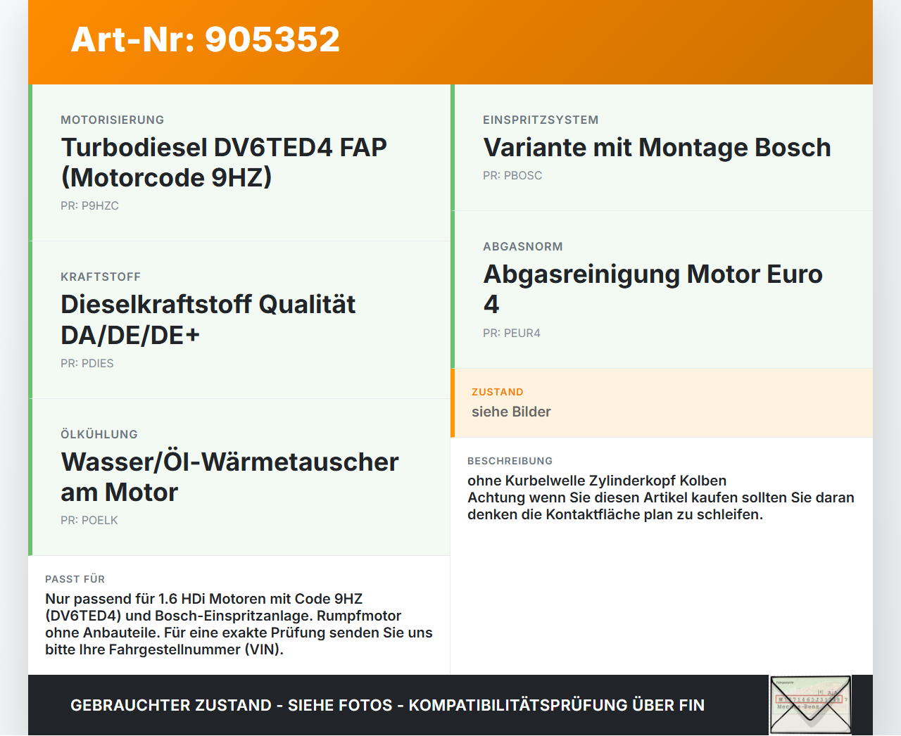 Peugeot 407 6E 04-08 1,6d 80KW DV6TED4 9HZ Motorblock für Motor Peugeot 407 6E 04-08 15.03.2005 0130Z4 gebraucht Vorschau 3