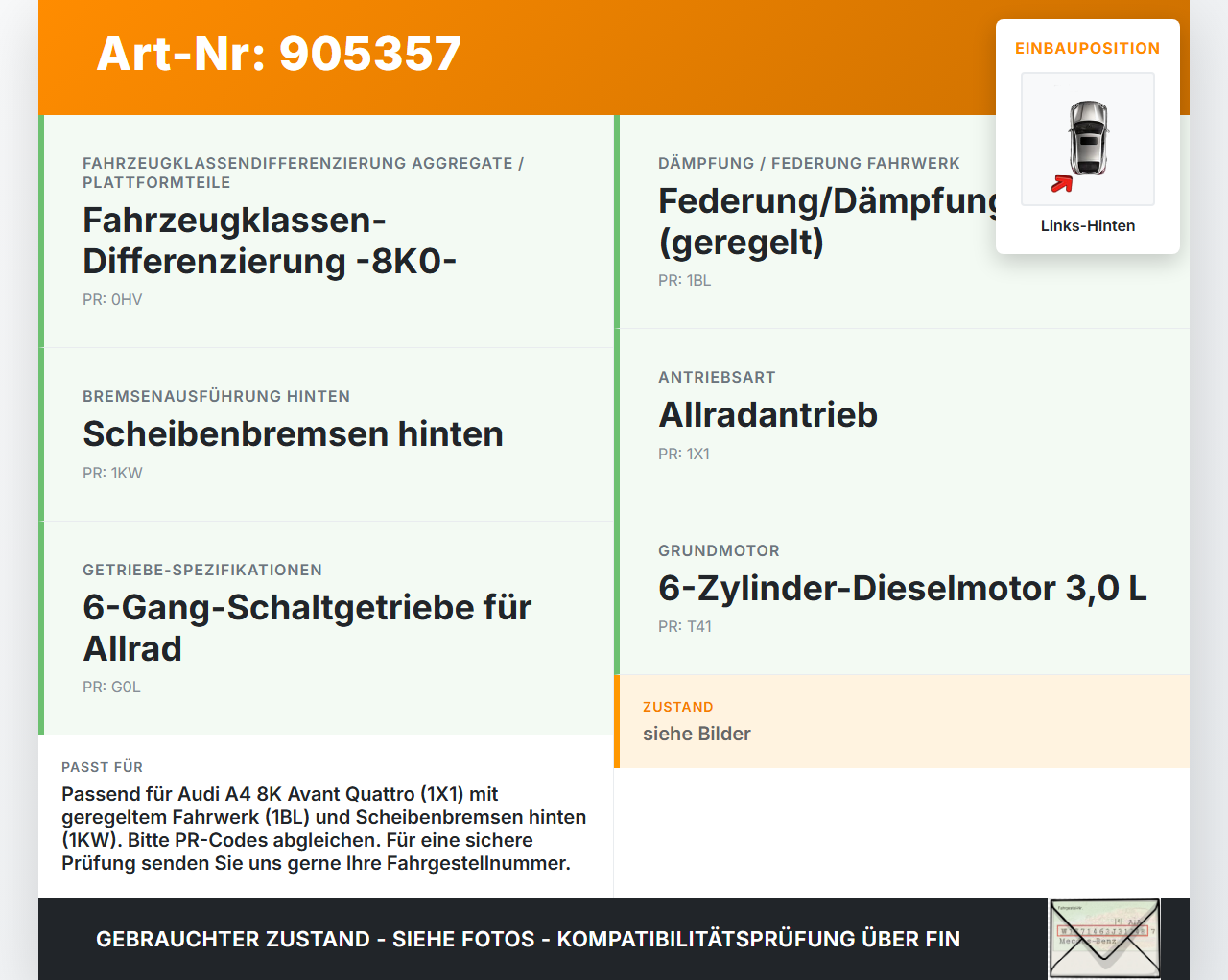 Audi A4 8K B8 QU 08-11 Kombi TDI 3,0 176KW Achsschenkel Radnabe mit ABS Links Hinten Audi A4 8K B8 QU 08-11... Vorschau 3