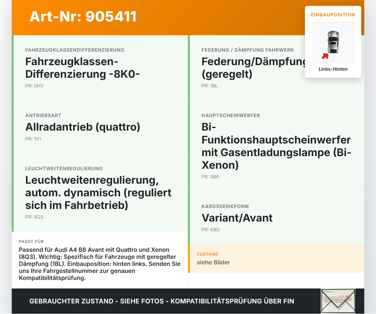 Audi A4 8K B8 QU 08-11 Xenon LWR Sensor Neigung Links Hinten Audi A4 8K B8 QU 08-11 07.02.2008 8K0941285N gebraucht Vorschau 3