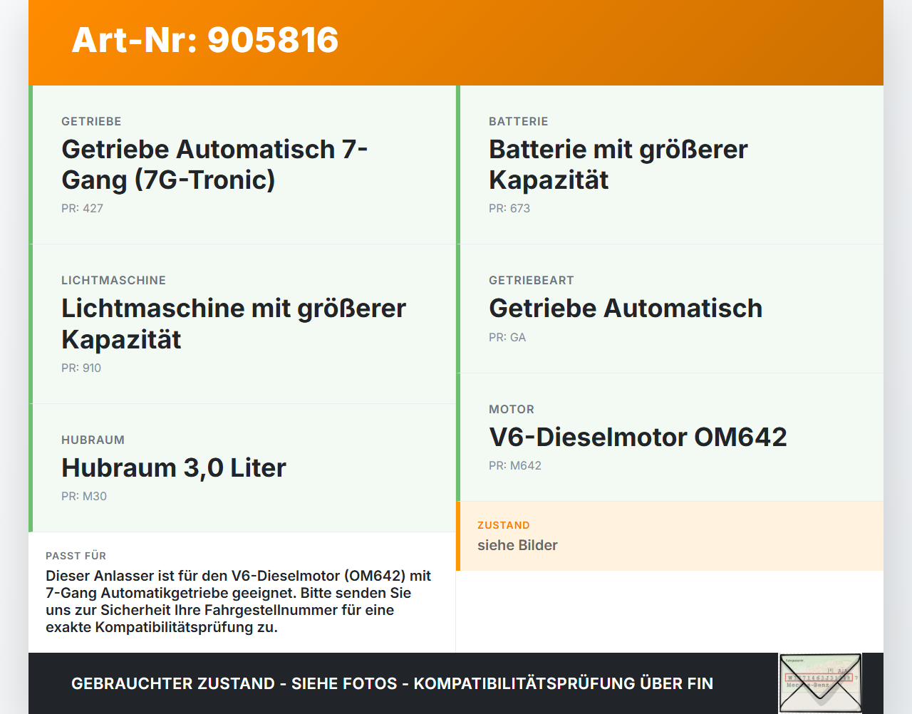 Mercedes S211 W211 E320 02-06 3,2 165KW Autom Anlasser Starter Mercedes S211 W211 E320 02-06 04.05.2005 A0061514101... Vorschau 3