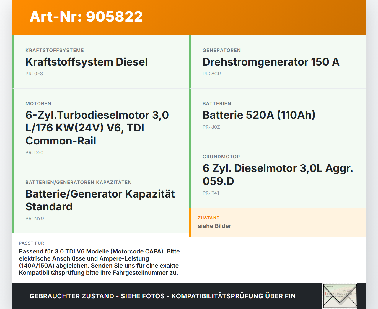 Audi A4 8K B8 QU 08-11 TDI 3,0 176KW Lichtmaschine Generator 140A 14V Audi A4 8K B8 QU 08-11 07.02.2008 059903019C... Vorschau 3