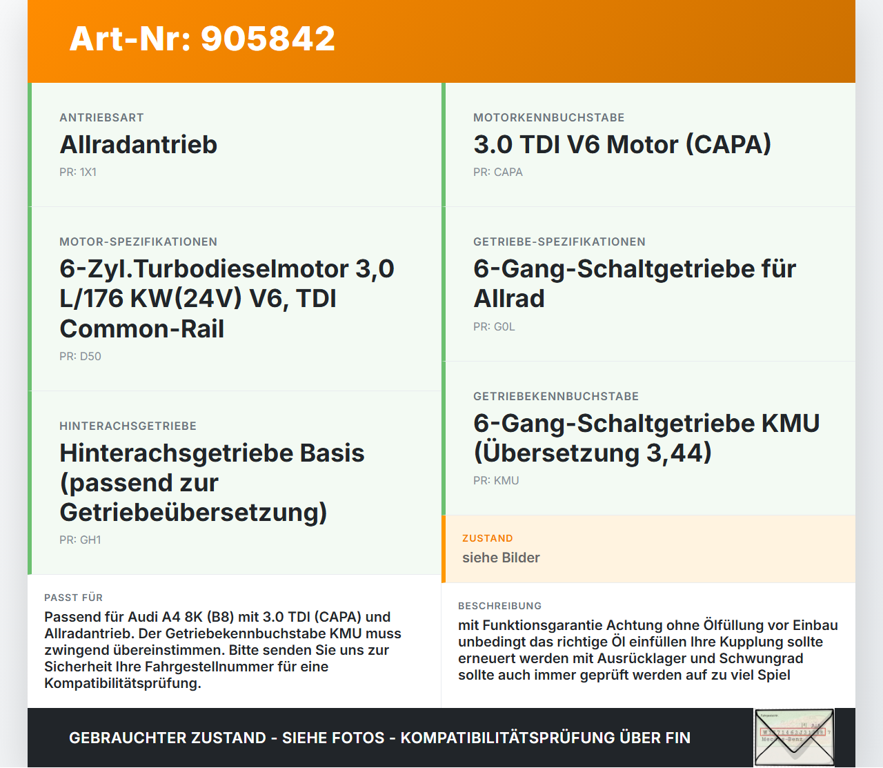 Audi A4 8K B8 QU 08-11 TDI 3,0 176KW KMU Schaltgetriebe Getriebe 3,44 KMU Audi A4 8K B8 QU 08-11 07.02.2008... Vorschau 3