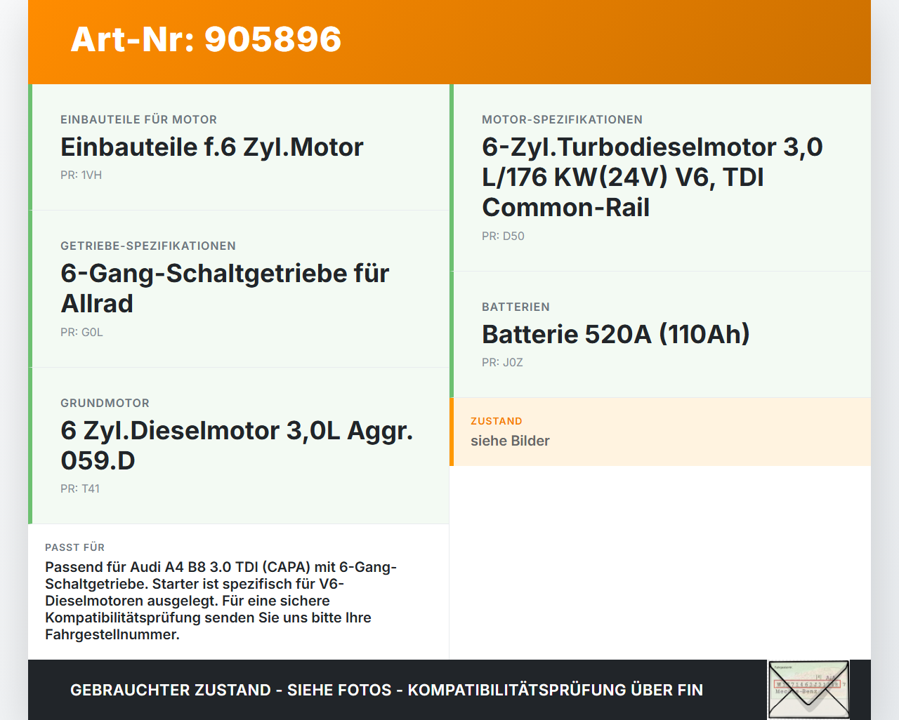 Audi A4 8K B8 QU 08-11 TDI 3,0 176KW Anlasser Starter Audi A4 8K B8 QU 08-11 07.02.2008 059911021D gebraucht Vorschau 3