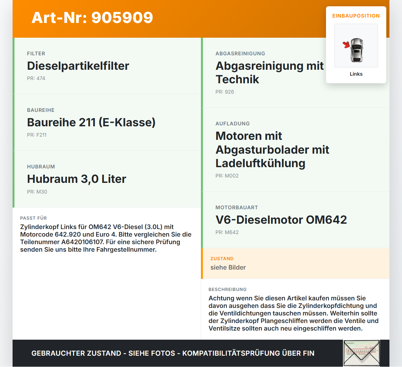Mercedes S211 W211 E320 02-06 3,2 165KW 642920 Zylinderkopf Links Mercedes S211 W211 E320 02-06 04.05.2005... Vorschau 3