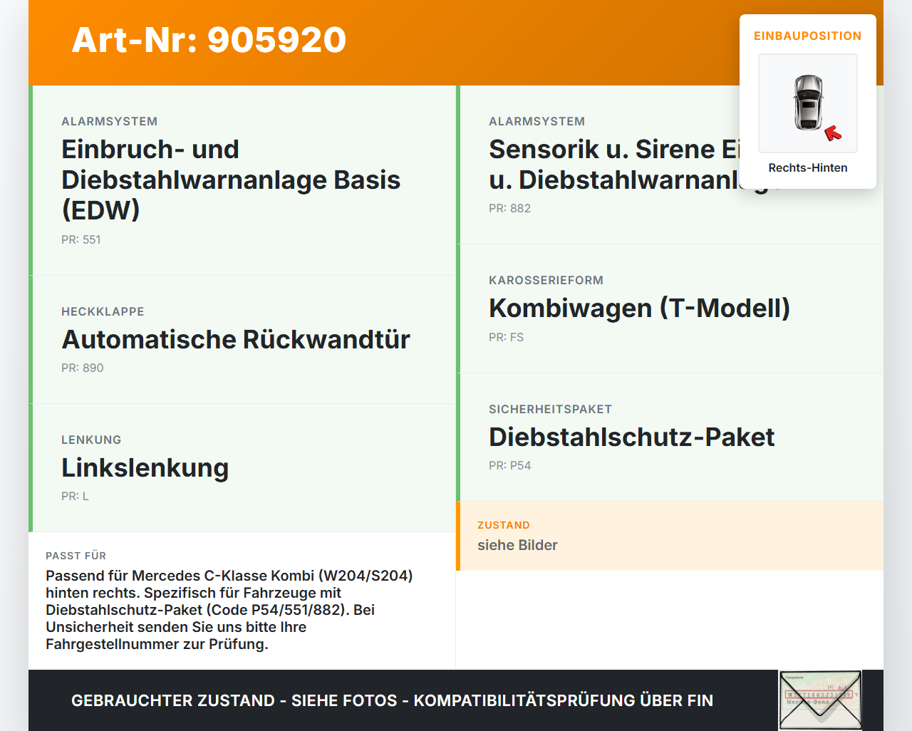 Mercedes W204 S204 C220 07-14 Kombi Türschloss m. ZV Stellmotor Rechts Hinten Mercedes W204 S204 C220 07-14... Vorschau 3