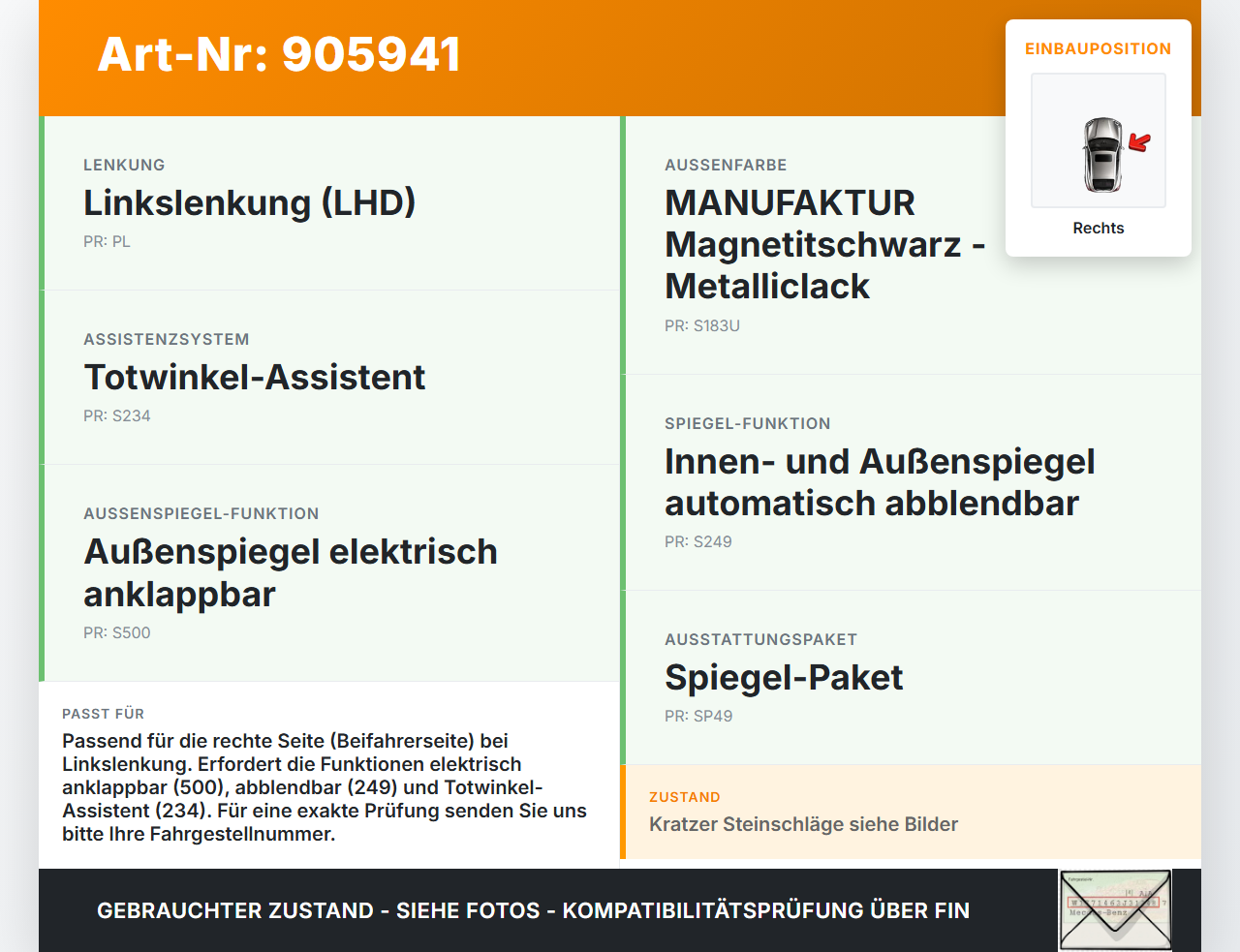 Mercedes W204 S204 C220 07-14 Spiegel Aussenspiegel Rechts 183 Mercedes W204 S204 C220 07-14 03.12.2012 A2048102493... Vorschau 3