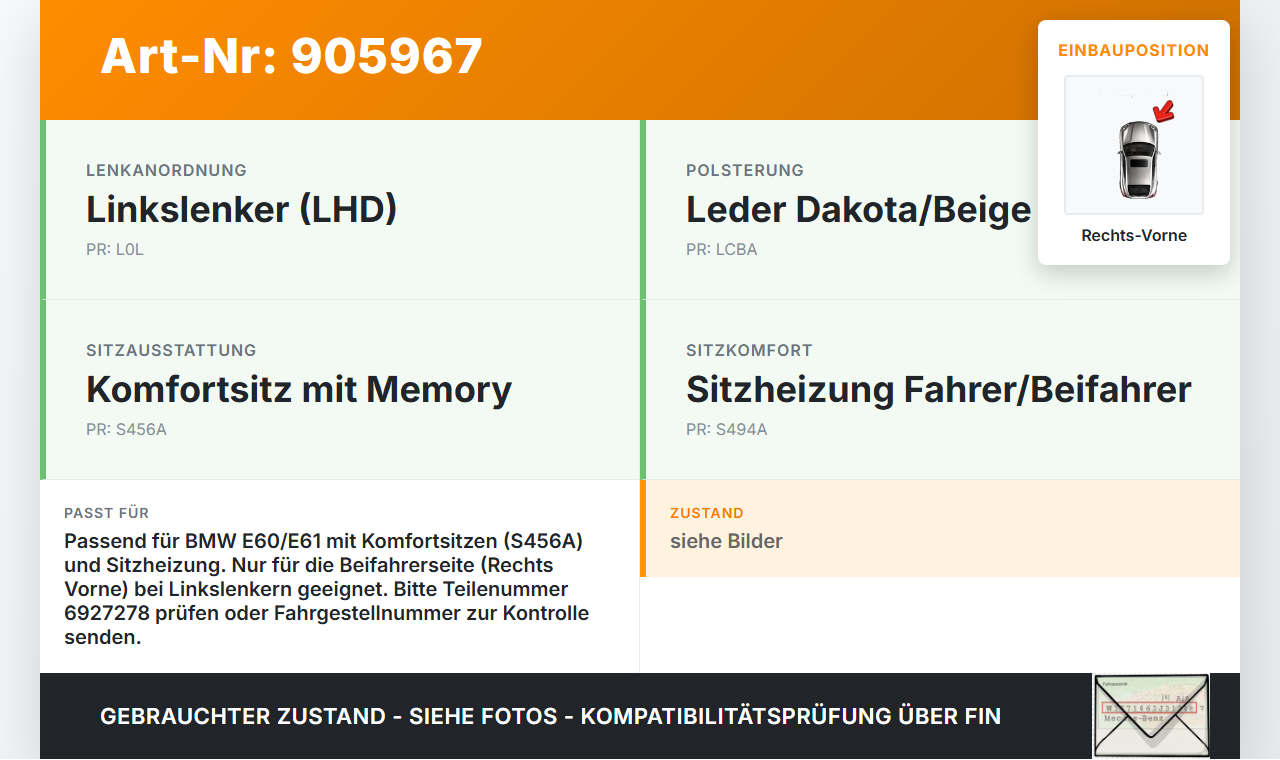 BMW E61 530d 04-07 Steuergerät ECU Modul Sitzmodul Rechts Vorne BMW E61 530d 04-07 04.10.2004 6927319 61356927319... Vorschau 3