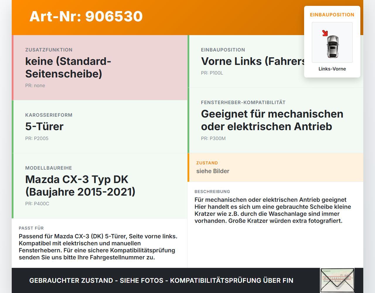 Mazda CX-3 DK 15-21 5T Seitenscheibe LVK Fenster Türscheibe Links Vorne Mazda CX-3 DK 15-21 27.10.2016 gebraucht Vorschau 3