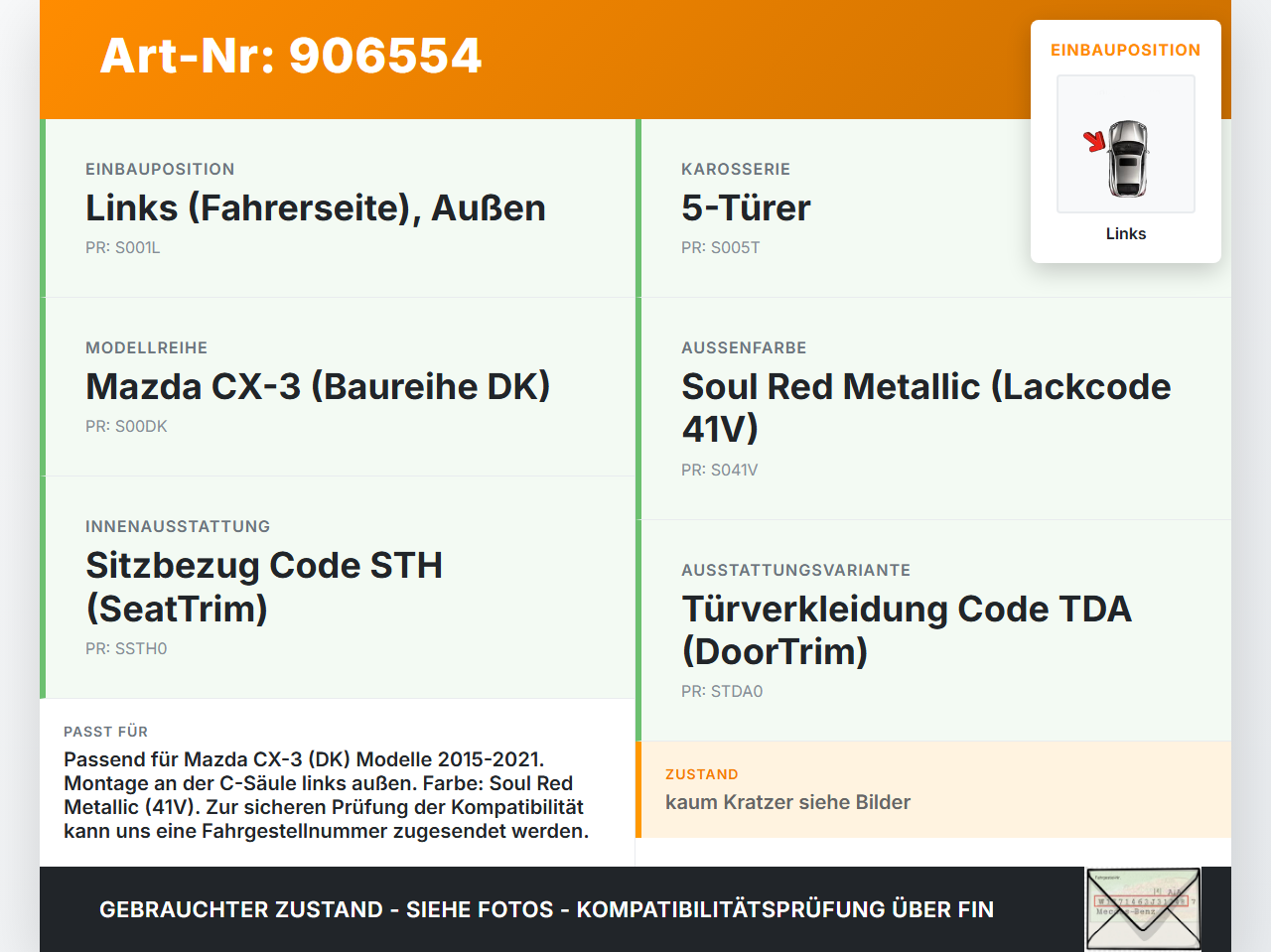 Mazda CX-3 DK 15-21 5T Verkleidung für C-Säule Links aussen 41V Mazda CX-3 DK 15-21 27.10.2016 D10E-50N51-K6805... Vorschau 3