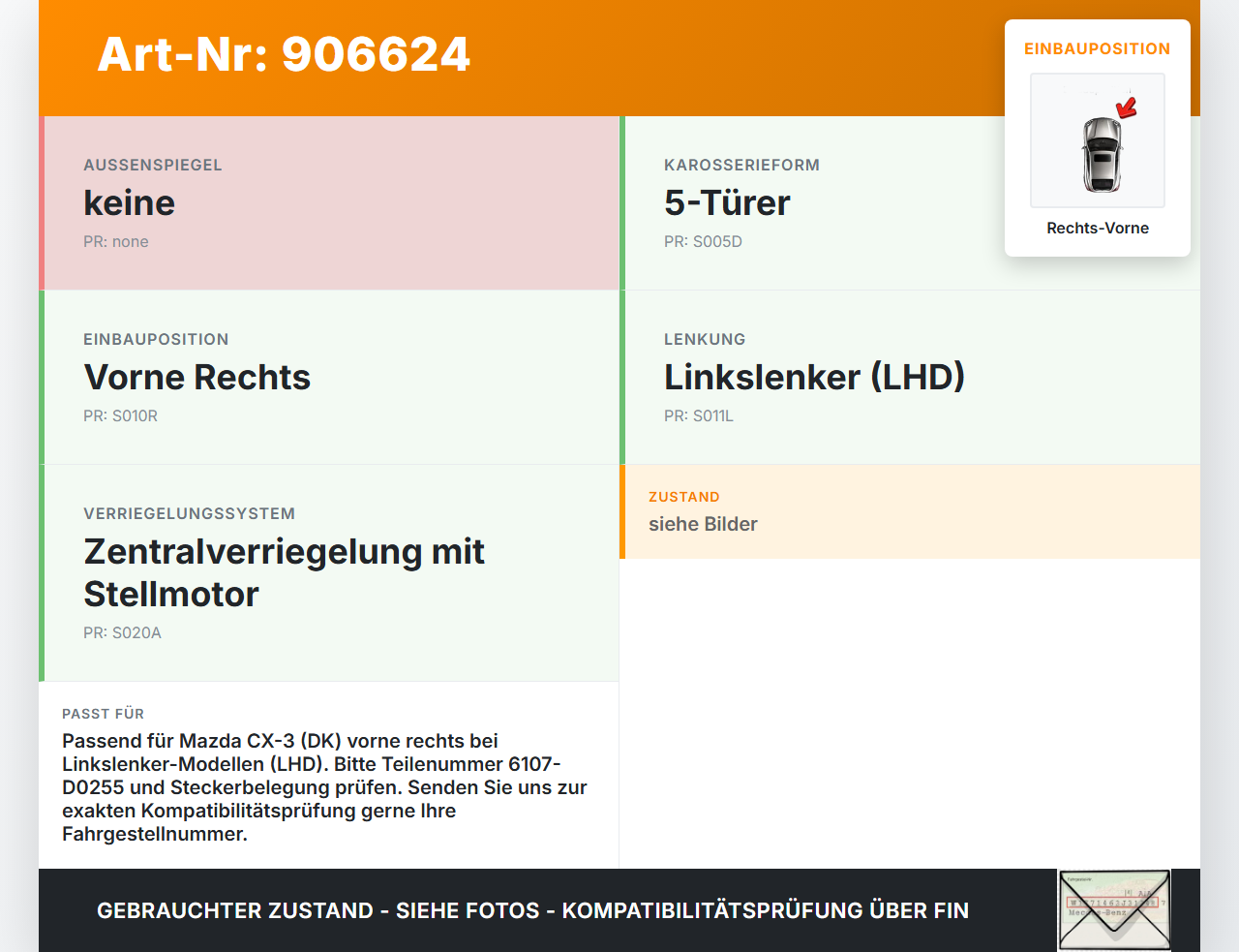 Mazda CX-3 DK 15-21 5T Türschloss m. ZV Stellmotor Rechts Vorne Mazda CX-3 DK 15-21 27.10.2016 6107-D0255 gebraucht Vorschau 3
