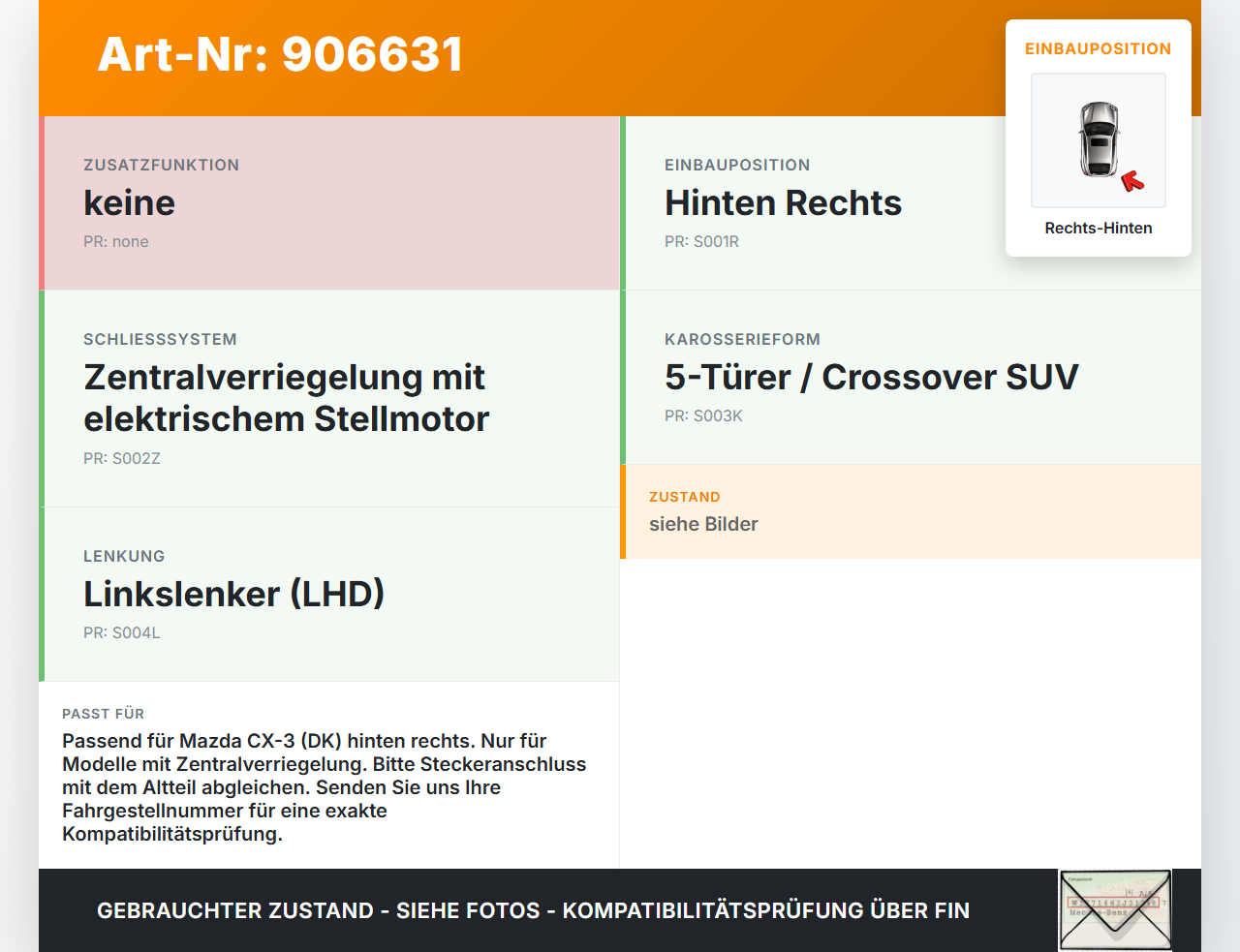 Mazda CX-3 DK 15-21 5T Türschloss m. ZV Stellmotor Rechts Hinten Mazda CX-3 DK 15-21 27.10.2016 6107-F0095 gebraucht Vorschau 3