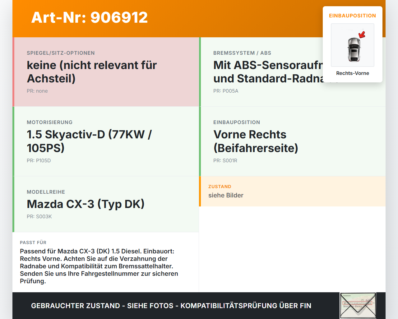 Mazda CX-3 DK 15-21 1,5d 77KW Achsschenkel Radnabe Rechts Vorne Mazda CX-3 DK 15-21 27.10.2016 gebraucht Vorschau 3