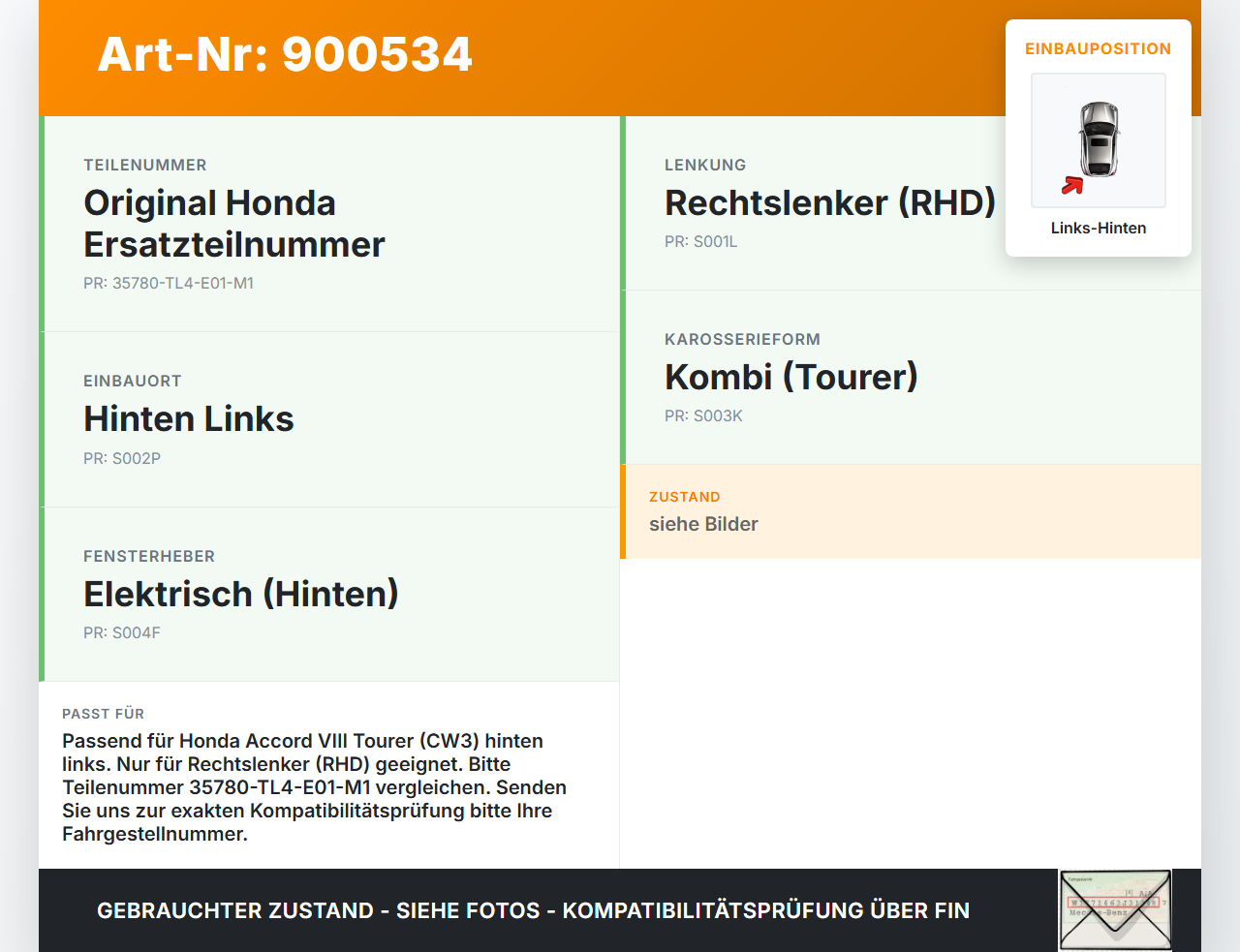 Honda Accord VIII CW3 08-11 Kombi Fensterheberschalter Schalter Links Hinten Honda Accord VIII CW3 08-11 14.04.2008... Vorschau 3