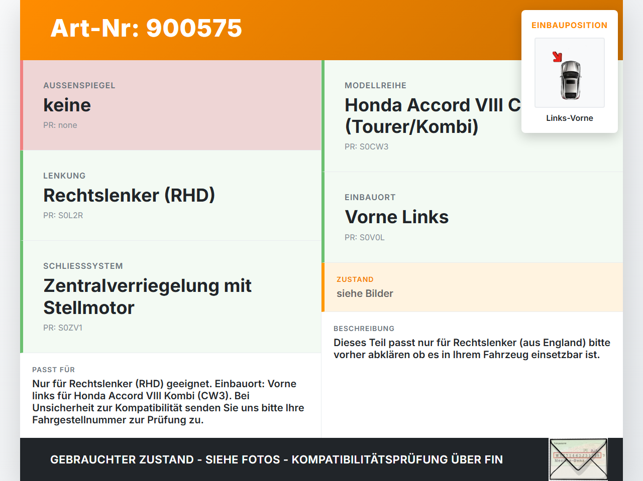Honda Accord VIII CW3 08-11 Kombi RHD Türschloss mit ZV Stellmotor Links Vorne Honda Accord VIII CW3 08-11... Vorschau 3