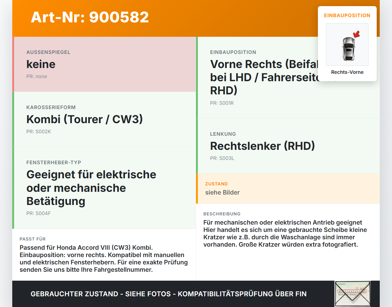 Honda Accord VIII CW3 08-11 Kombi Seitenscheibe RVK Türscheibe Rechts Vorne Honda Accord VIII CW3 08-11 14.04.2008... Vorschau 3