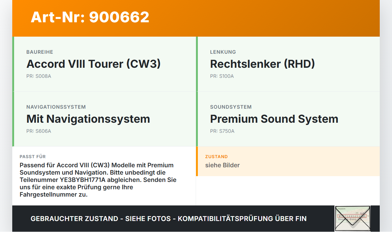 Honda Accord VIII CW3 08-11 Verstärker Endstufe für Soundsystem Honda Accord VIII CW3 08-11 14.04.2008 YE3BYBH1771A... Vorschau 3