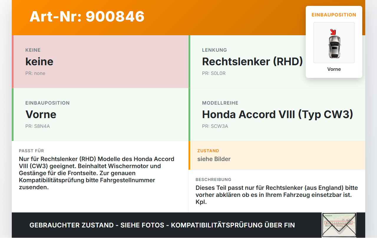 Honda Accord VIII CW3 08-11 RHD Wischermotor m. Wischergestänge Vorne Honda Accord VIII CW3 08-11 14.04.2008 gebraucht Vorschau 3