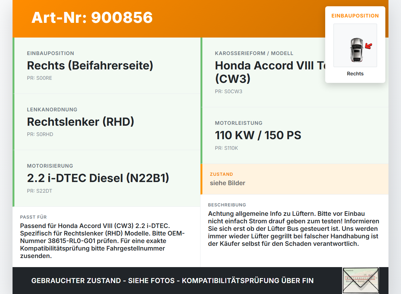 Honda Accord VIII CW3 08-11 i-DTEC 2,2 110KW Lüfter Ventilator f. Kühler Rechts Honda Accord VIII CW3 08-11... Vorschau 3