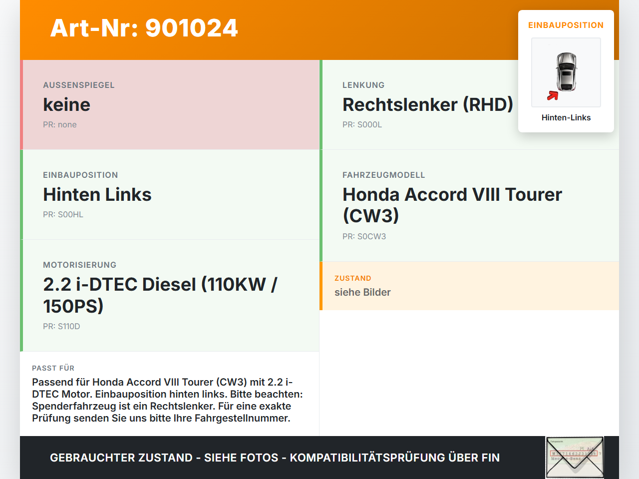 Honda Accord VIII CW3 08-11 i-DTEC 2,2 110KW Bremssattel Bremszange Hinten Links Honda Accord VIII CW3 08-11... Vorschau 3