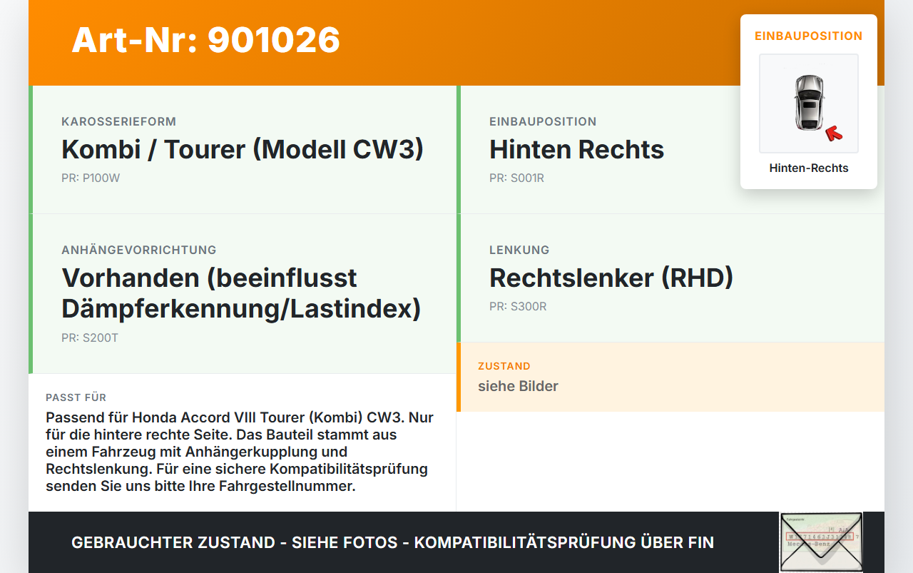 Honda Accord VIII CW3 08-11 Kombi Federbein Stossdämpfer Hinten Rechts Honda Accord VIII CW3 08-11 14.04.2008 gebraucht Vorschau 3