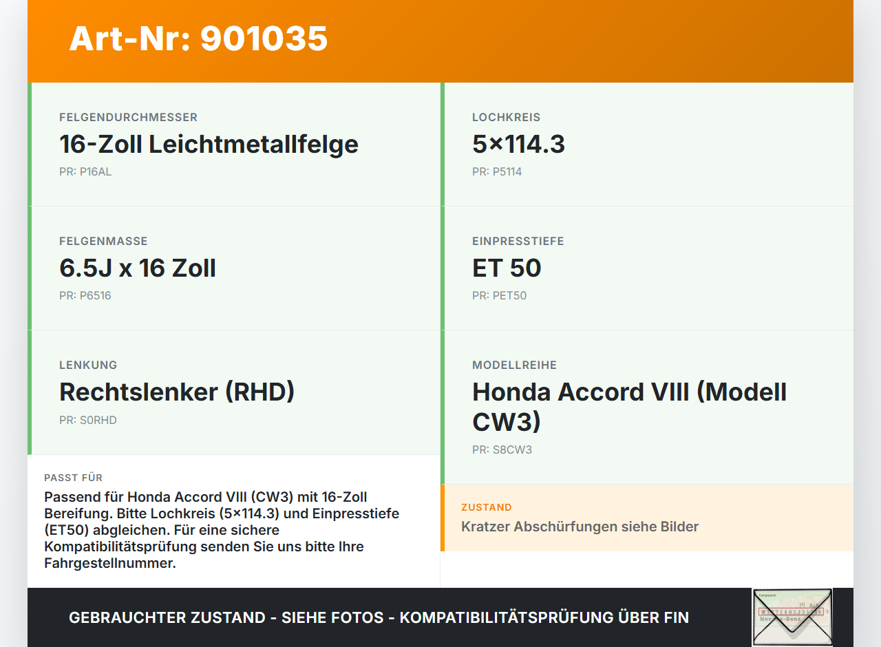 Honda Accord VIII CW3 08-11 1x Felge Alufelge 5X114.3 6.5X16Zoll ET50 Honda Accord VIII CW3 08-11 14.04.2008 gebraucht Vorschau 3