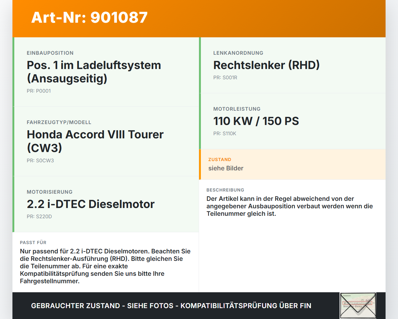 Honda Accord VIII CW3 08-11 i-DTEC 2,2 110KW Ansaugrohr Ladeluftschlauch Luftschlauch Pos.1 Honda Accord VIII CW3... Vorschau 3