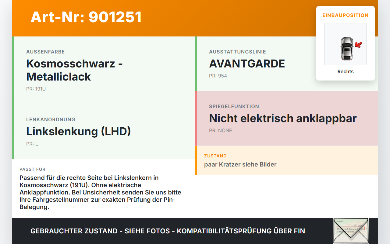 Mercedes A200 W169 04-08 Spiegel Aussenspiegel Rechts 191 Mercedes A200 W169 04-08 17.11.2005 gebraucht Vorschau 3