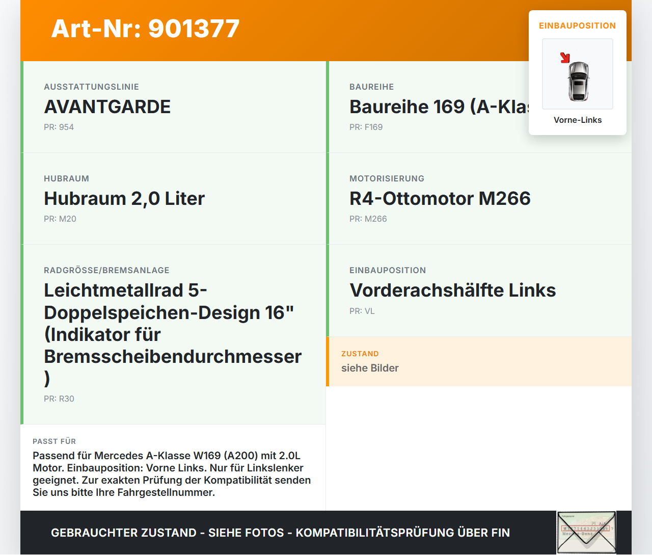 Mercedes A200 W169 04-08 2,0 100KW Bremssattel Bremszange Vorne Links Mercedes A200 W169 04-08 17.11.2005... Vorschau 3