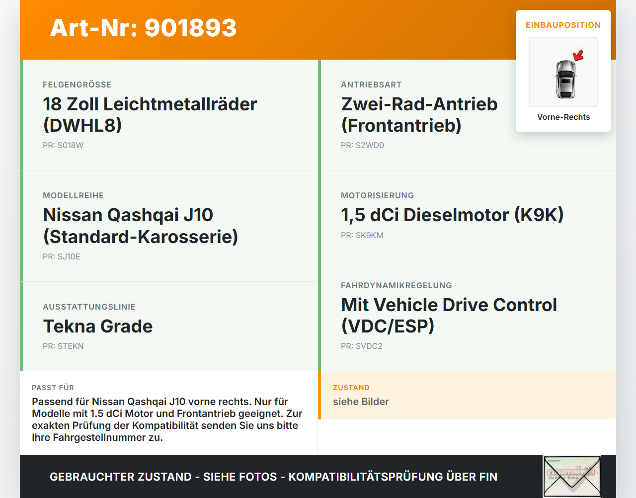 Nissan Qashqai J10 07-10 dCi 1,5 76KW Bremssattel Bremszange Vorne Rechts Nissan Qashqai J10 07-10 13.03.2009... Vorschau 3