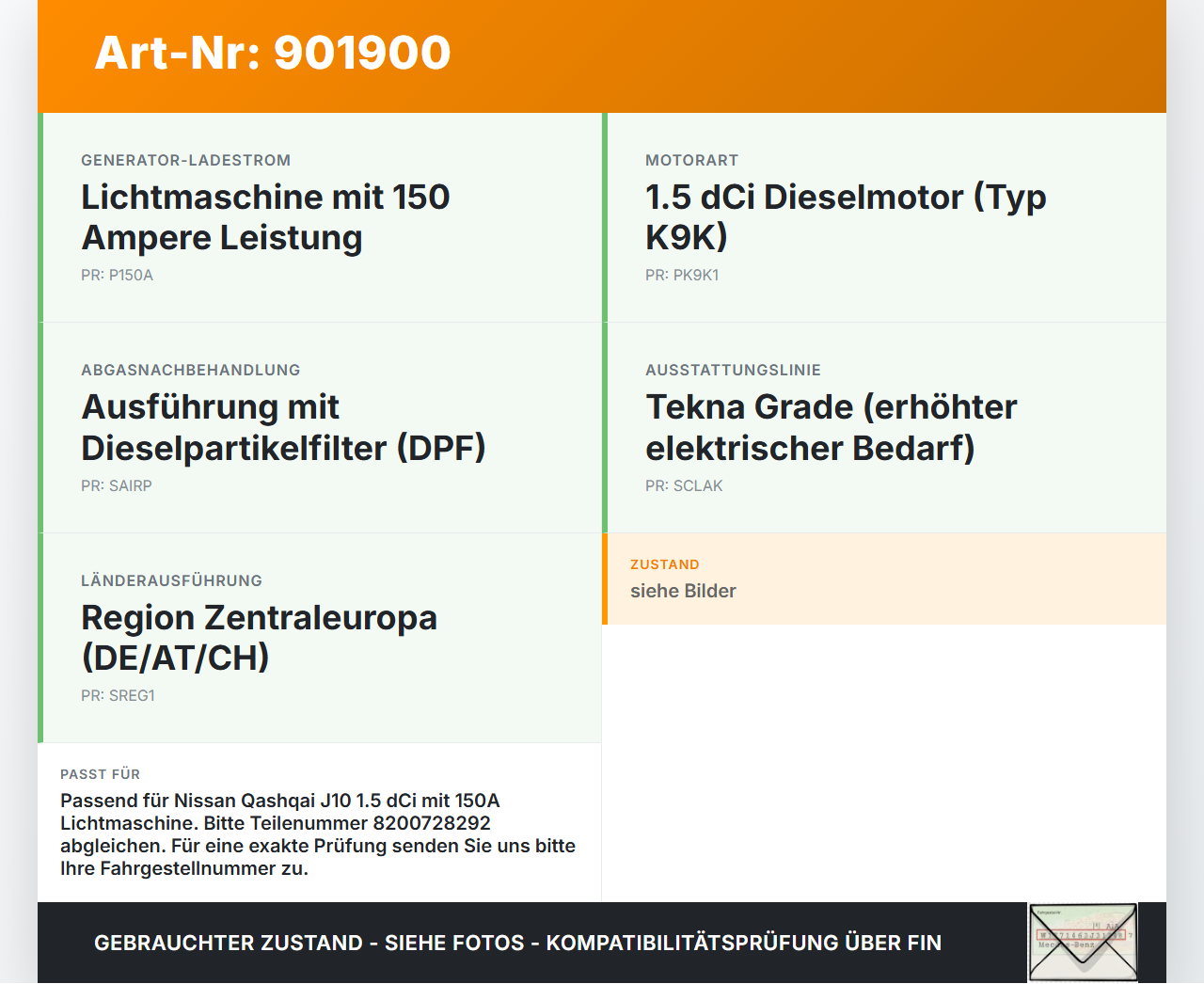 Nissan Qashqai J10 07-10 dCi 1,5 76KW Lichtmaschine Generator 150A 14V Nissan Qashqai J10 07-10 13.03.2009... Vorschau 3