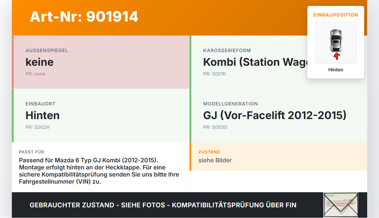 Mazda 6 GJ 12-15 Kombi Heckwischer Scheibenwischer Hinten Wischarm Mazda 6 GJ 12-15 02.05.2013 gebraucht Vorschau 3