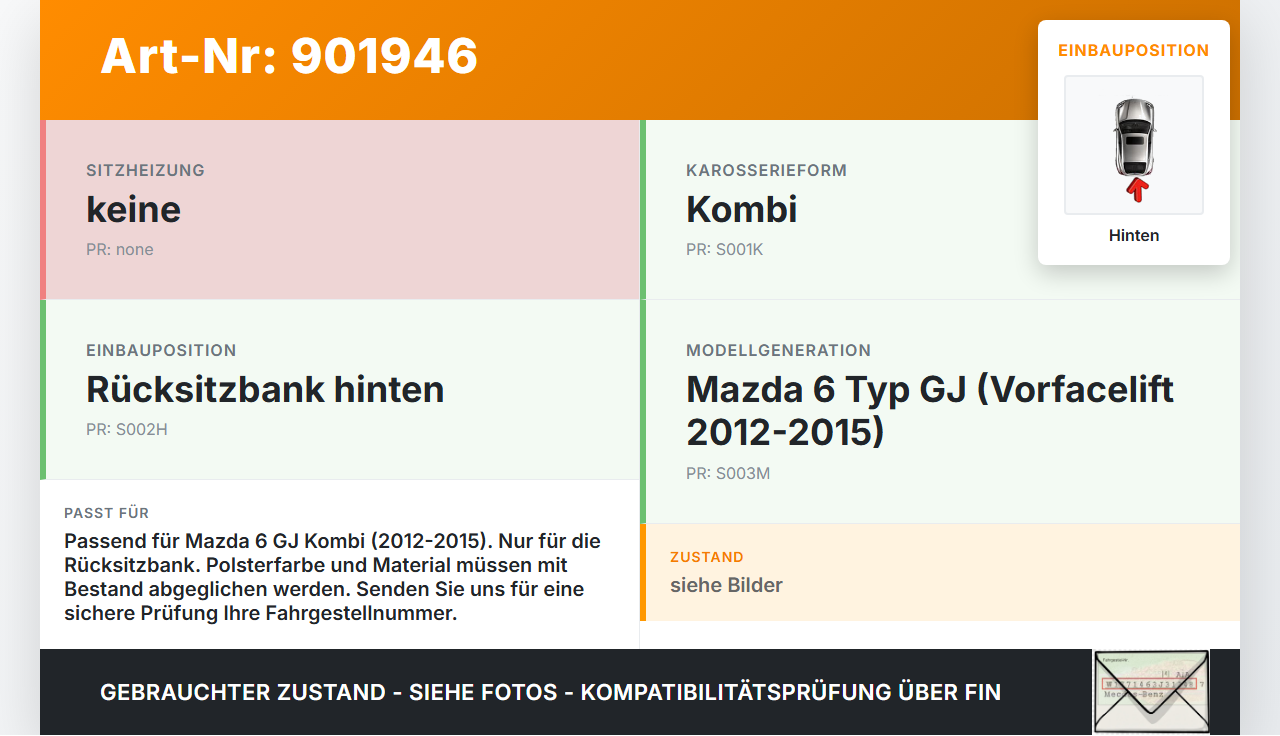 Mazda 6 GJ 12-15 Kombi Sitzbezug Sitzpolster für Rücksitzbank Hinten Mazda 6 GJ 12-15 02.05.2013 gebraucht Vorschau 3