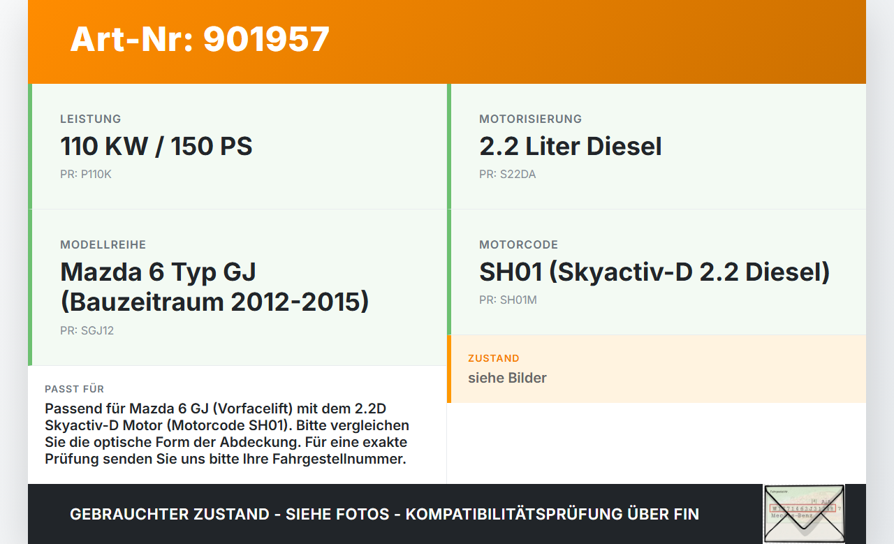 Mazda 6 GJ 12-15 2,2D 110KW SH01 Abdeckung für Motor Deckel Motorabdeckung Mazda 6 GJ 12-15 02.05.2013 gebraucht Vorschau 3