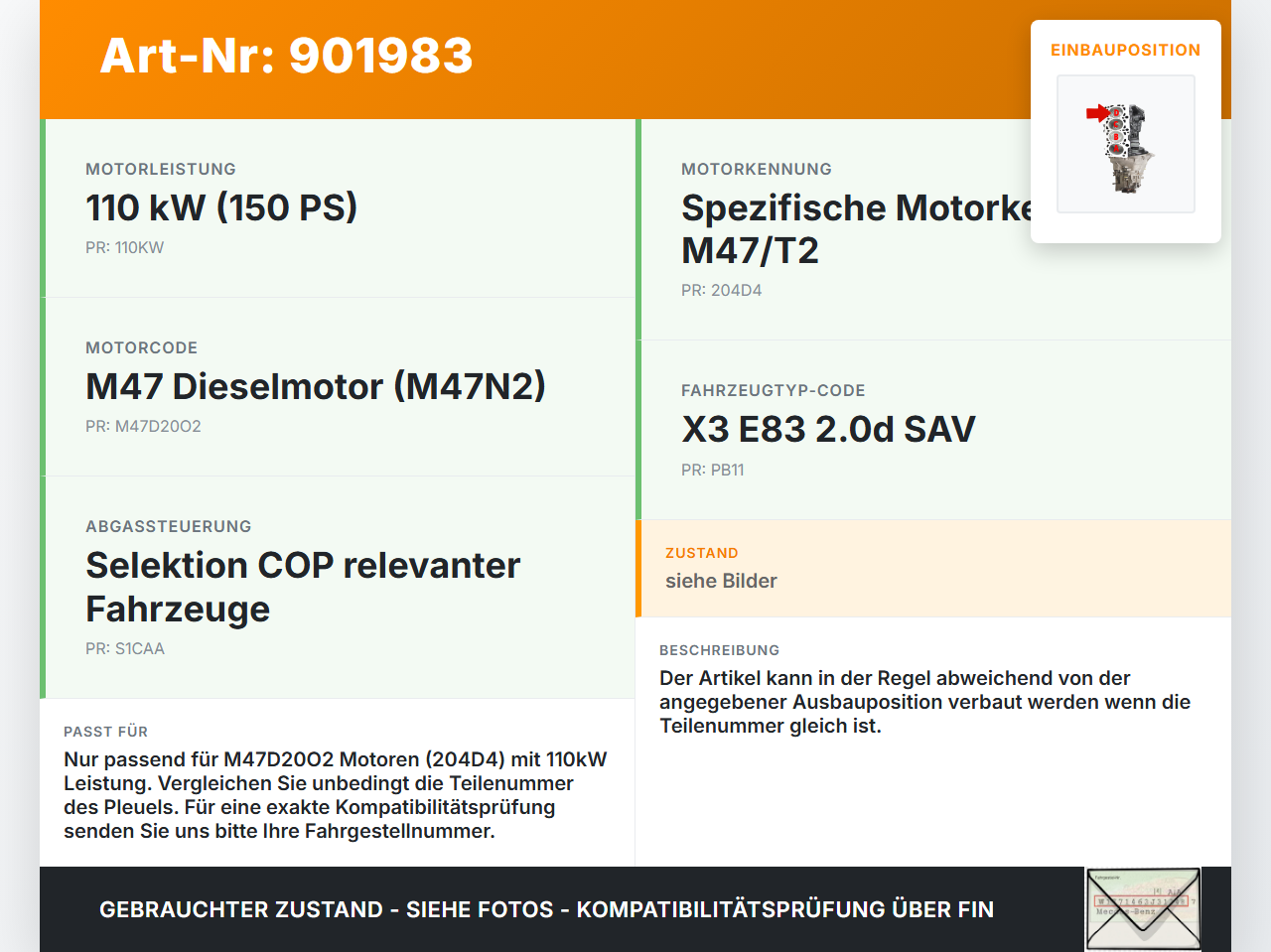 BMW X3 E83 04-06 2,0D 110KW M47/T2 204D4 Kolben mit Pleuel Pos D BMW X3 E83 04-06 13.07.2006 gebraucht Vorschau 3