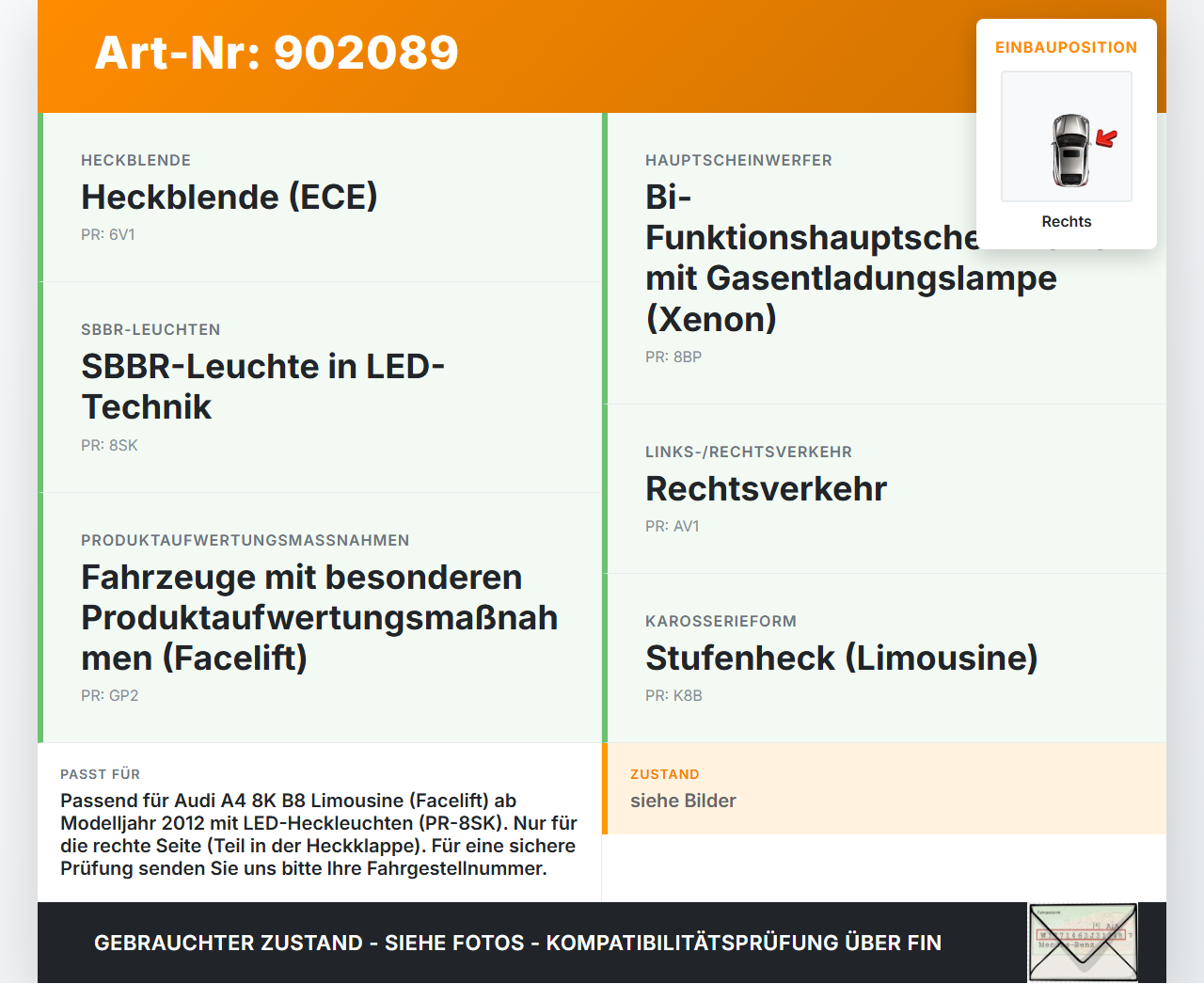 Audi A4 8K B8 11-15 Lim LED Rückleuchte Heckleuchte für Klappe Innen Rechts Audi A4 8K B8 11-15 30.10.2015... Vorschau 3