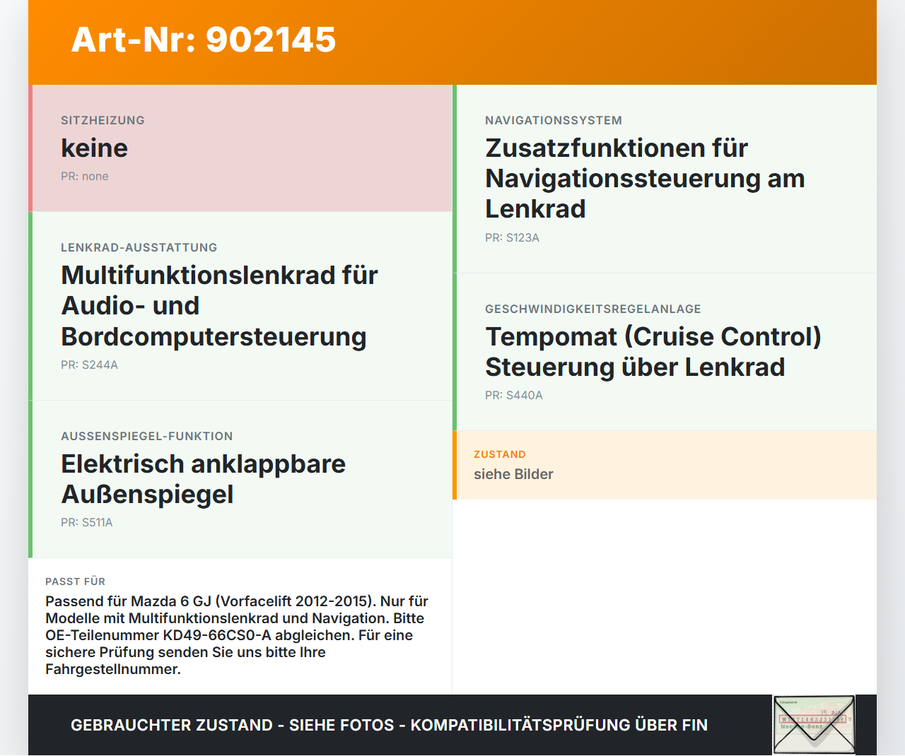 Mazda 6 GJ 12-15 Airbag Schleifring Wickelfeder Mazda 6 GJ 12-15 02.05.2013 KD49-66CS0-A gebraucht Vorschau 3