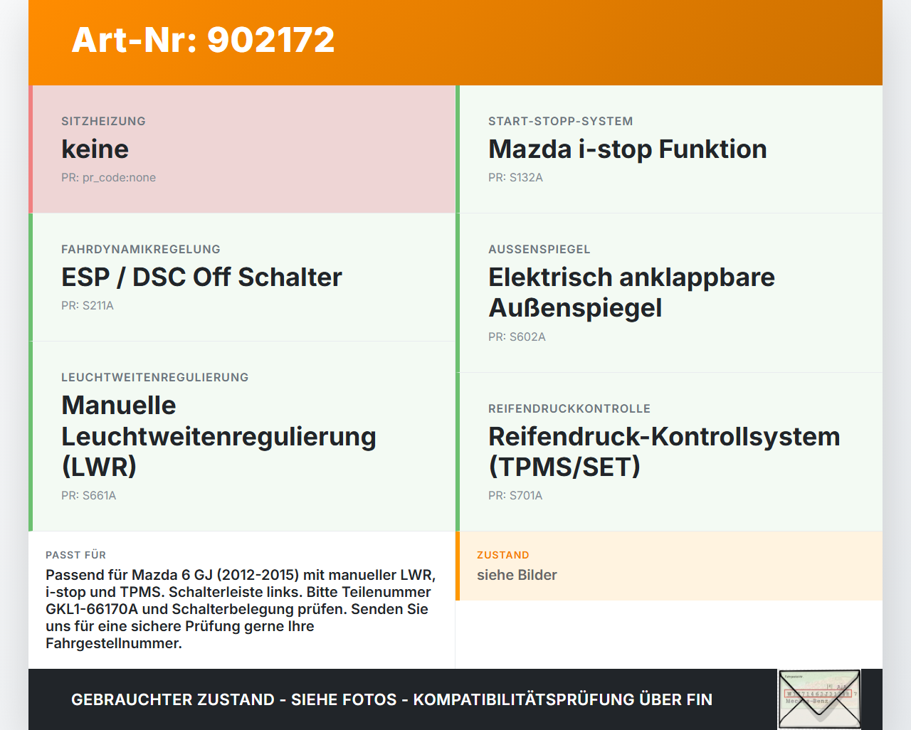 Mazda 6 GJ 12-15 LWR Schalter Leuchtweitenregler ESP Off Reifendruckkontrolle i-stop Off Mazda 6 GJ 12-15... Vorschau 3