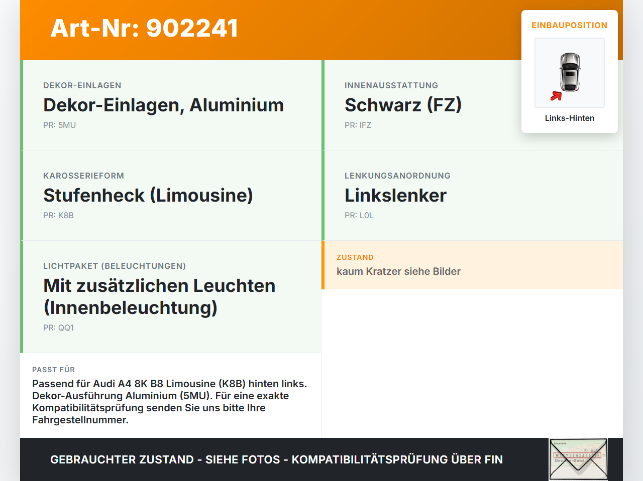 Audi A4 8K B8 11-15 Lim Türleiste Links Hinten Innen LZ7G Audi A4 8K B8 11-15 30.10.2015 8K0867419L gebraucht Vorschau 3