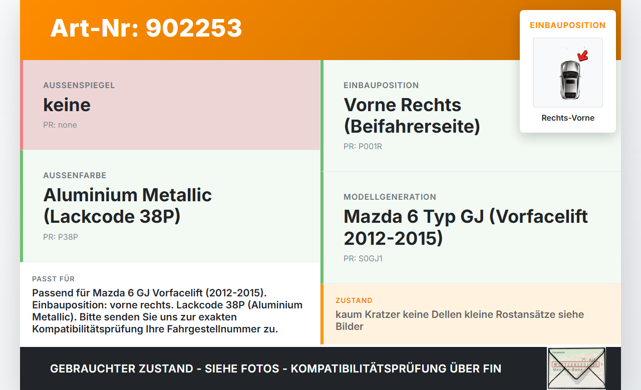 Mazda 6 GJ 12-15 Kotflügel Rechts Vorne 38P Mazda 6 GJ 12-15 02.05.2013 gebraucht Vorschau 3