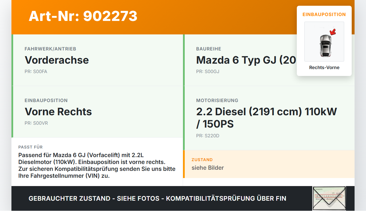 Mazda 6 GJ 12-15 2,2D 110KW Achsschenkel Radnabe Rechts Vorne Mazda 6 GJ 12-15 02.05.2013 gebraucht Vorschau 3