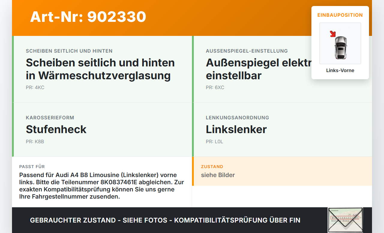 Audi A4 8K B8 11-15 Lim Fensterhebermotor Links Vorne Audi A4 8K B8 11-15 30.10.2015 937450-106 8K0837461E... Vorschau 3