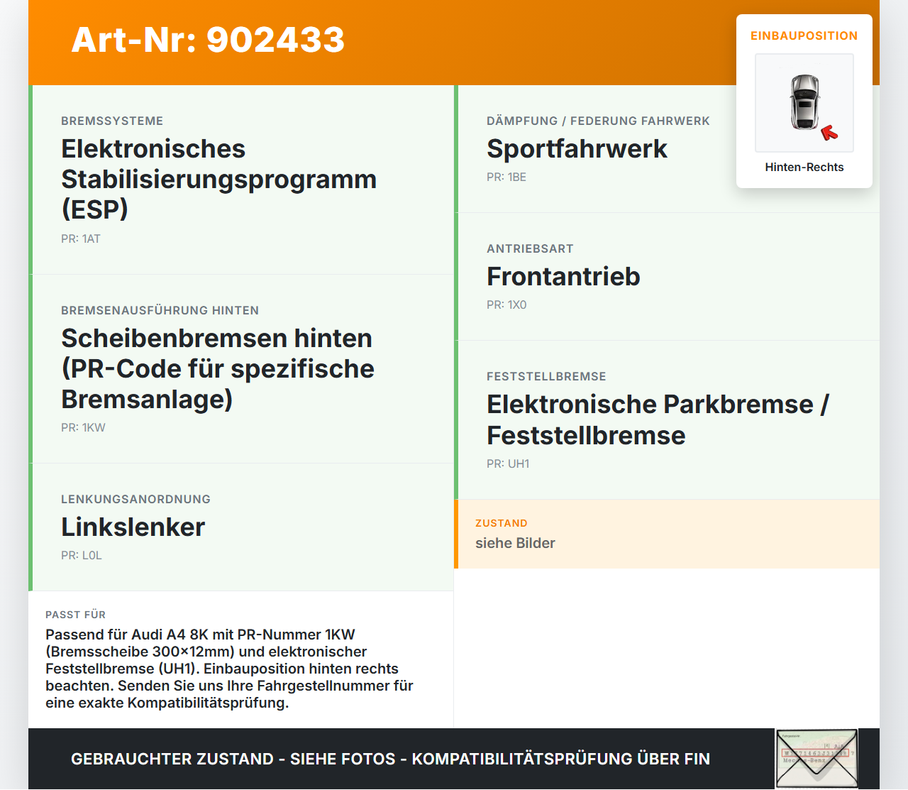 Audi A4 8K B8 11-15 TDI 2,0 110KW Bremssattel Bremszange Hinten Rechts Audi A4 8K B8 11-15 30.10.2015 8K0615404E... Vorschau 3