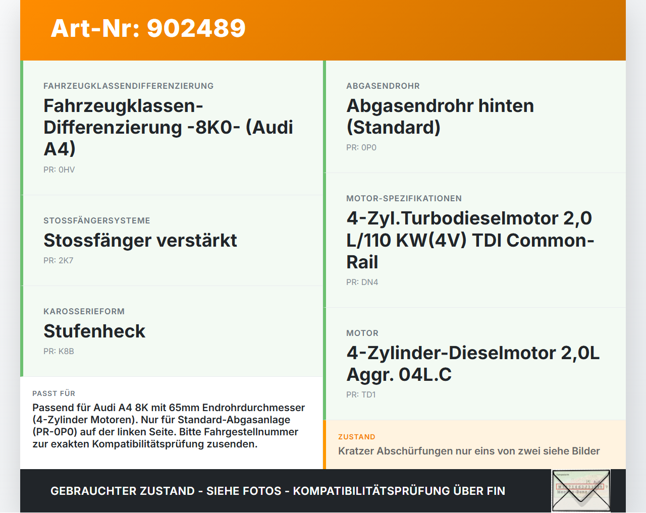 Audi A4 8K B8 11-15 TDI 2,0 110KW Endrohr Endkappe für Auspuff Pos.1 Audi A4 8K B8 11-15 30.10.2015 8K0071761 gebraucht Vorschau 3