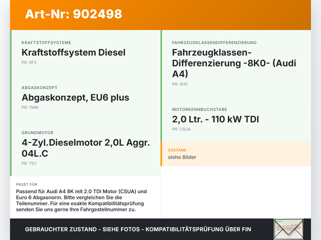 Audi A4 8K B8 11-15 TDI 2,0 110KW Lambdasonde Audi A4 8K B8 11-15 30.10.2015 03L906262Q gebraucht Vorschau 3