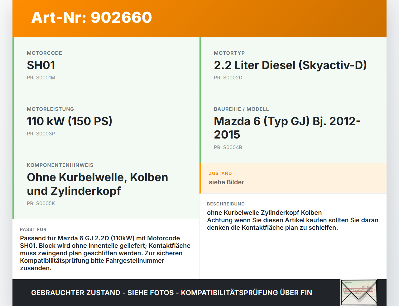 Mazda 6 GJ 12-15 2,2D 110KW SH01 Motorblock für Motor Mazda 6 GJ 12-15 02.05.2013 gebraucht Vorschau 3